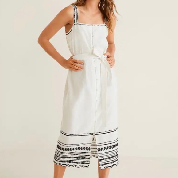 Mango Embroidered Midi linen Up Dress sz US M - Picture 1 of 3
